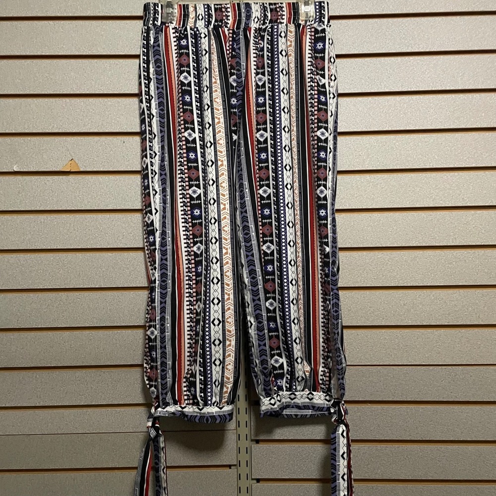 Womens Boho Tribal Print Pants Elastic Waist Wide Leg Cropped Tie Ankle Size L